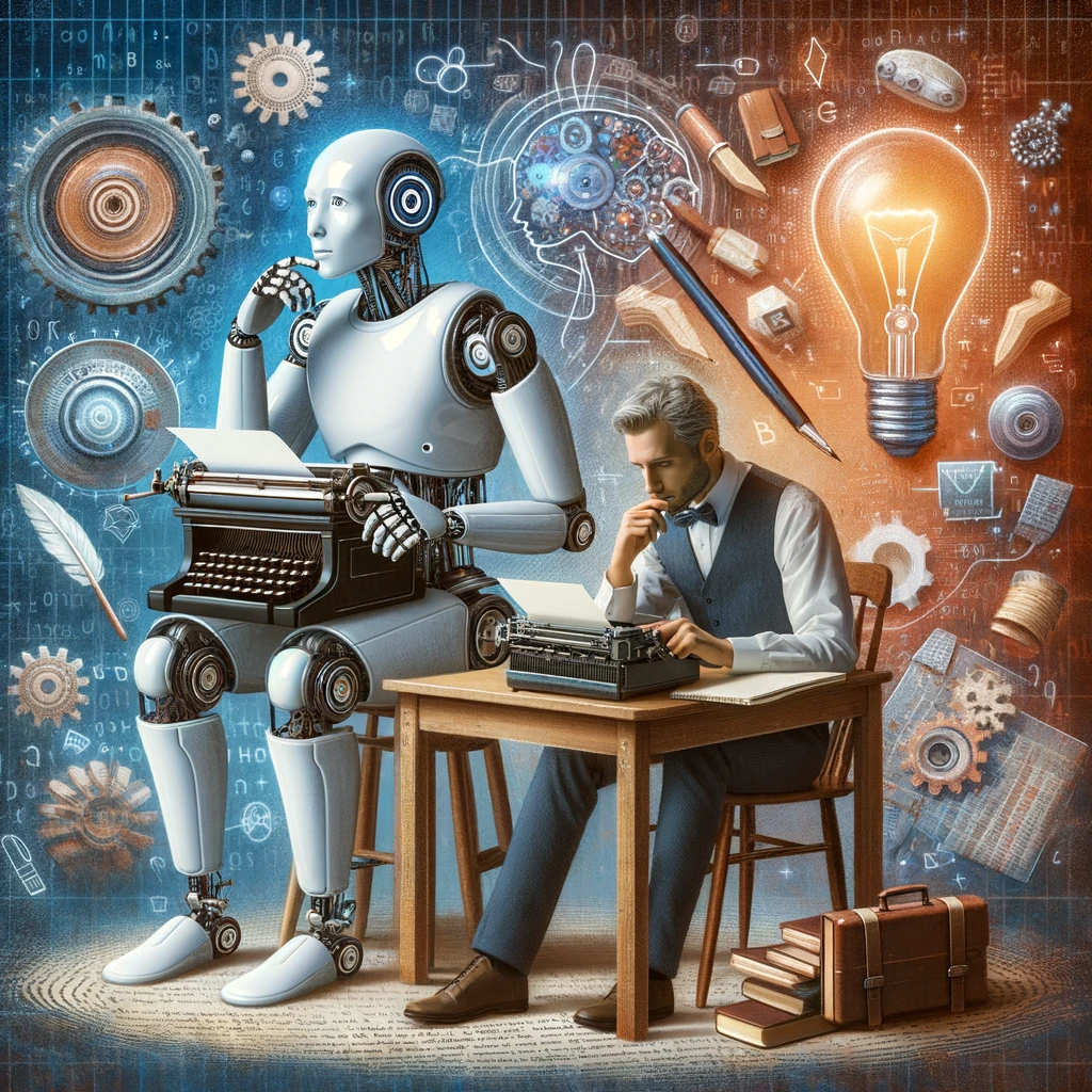 An imaginative depiction of the theme 'Will AI Replace Creative Writers?' featuring a humanoid robot seated at a vintage typewriter, symbolizing AI's role in writing. Beside the robot, a human writer contemplatively holds a pen and notebook, representing the enduring essence of human creativity. The background merges technology and art, with elements like gears and digital code intertwined with creative symbols such as a paintbrush and a light bulb, illustrating the symbiotic relationship between technology and human creativity. The image conveys a sense of balance and thoughtful interaction between AI and human imagination.