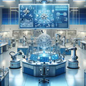 A futuristic laboratory showcasing the integration of AI and robotics in material science research, with high-tech equipment and a display of complex molecular structures, embodying cutting-edge technology and innovation.