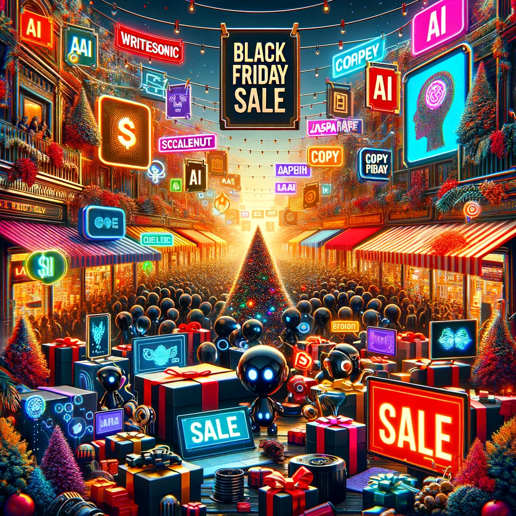 A vibrant Black Friday sale scene showcasing discounts on popular AI writing tools like Writesonic, Scalenut, Copy AI, and Jasper AI in a lively digital marketplace setting.