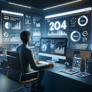 Digital marketer analyzing SEO trends for 2024 on a computer, with charts and graphs in a modern office setting.