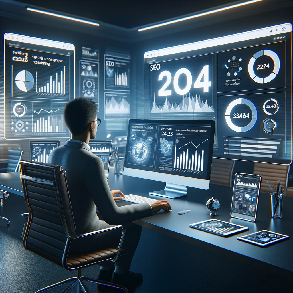 Digital marketer analyzing SEO trends for 2024 on a computer, with charts and graphs in a modern office setting.